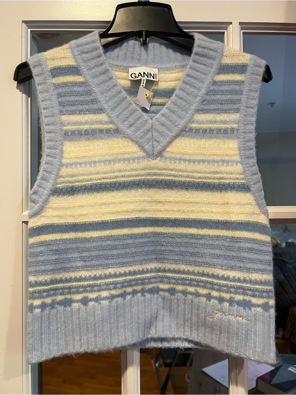 Ganni Pastel Blue & Cream Striped V‑Neck Sweater Vest